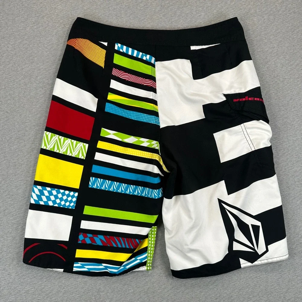 Volcom Crazy 8 Mod Board Shorts Mens 30 Black White Multi Color Stripe Y2K